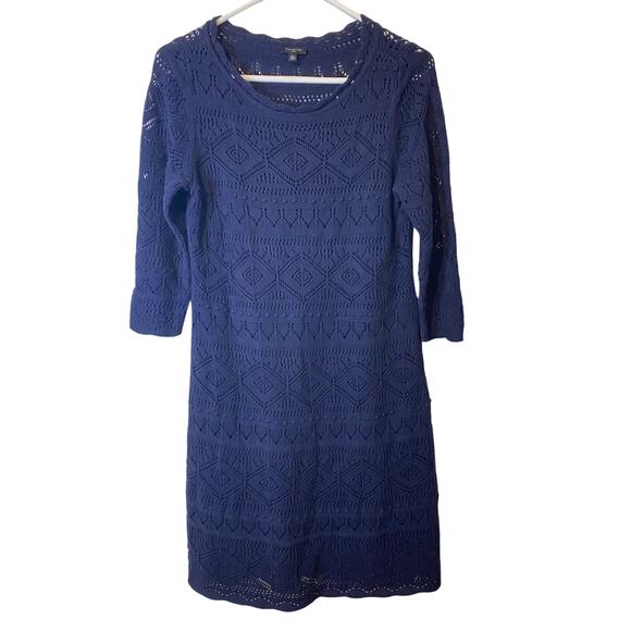 Talbots Navy Blue Crochet Knit Sweater Dress Size Medium Petite - Picture 2 of 9